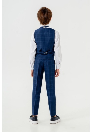 Karo Ekose Yelekli Zincirli Çocuk Takım Elbise Lacivert Lacivert