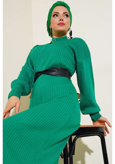 Bigdart 15900 Boydan Tesettür Triko Elbise - Yeşil