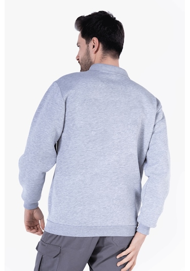 3 İplik Polo Yaka Fleto Cepli Sweatshirt Gri Melanj