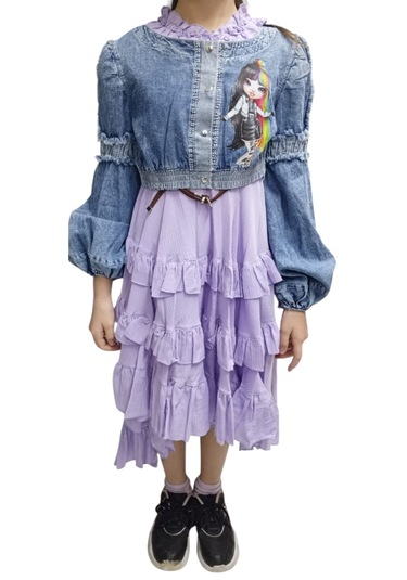 Kız Çocuk Yakası Fırfırlı Kot Ceket Lila Renk İkili Takım Elbise Lila