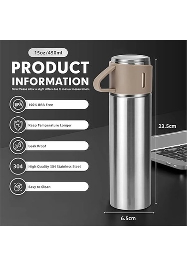 Kişiselleştirilebilir 3 Bardaklı Çelik Termos 05 Lt Crom Gümüş