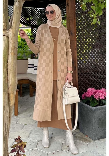 Dama Desenli Bej Triko Hırka Çok Renkli