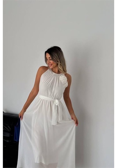 Kadın Astarlı Sıfır Kol Şifon Elbise Dpnbk2144 Beyaz