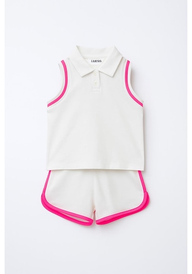 Kız Çocuk Polo Yaka Şerit Detaylı Şortlu Takım - Pembe 3-4 Yaş 8-9 Yaş Pembe