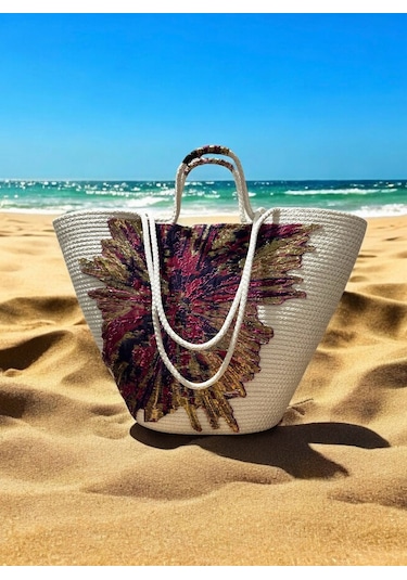 Hasır Çanta, Plaj Çantası, Tasarım Çanta, Pembe Mor Desenli El Çantası Ekru