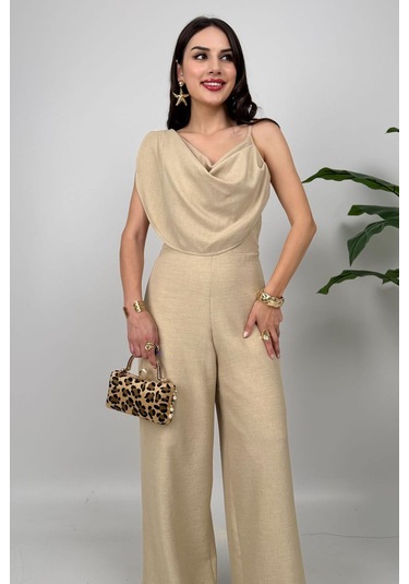 Élan Kadın Taş Drapeli Detaylı Tulum Dokulu Kumaş Şıklığı Taş