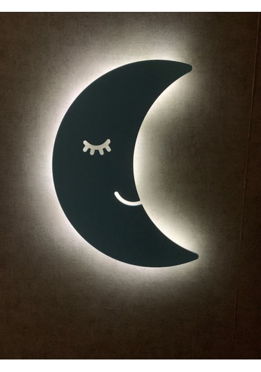 Çocuk Odası Dekoratif Ahşap Ay Gece Lambası Ledli Aydınlatma Beyaz-renkli