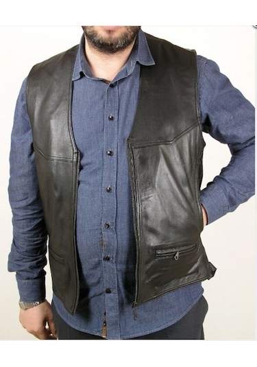 Hakiki Deri Siyah Calvin Fermuarlı Erkek Deri Yelek Siyah