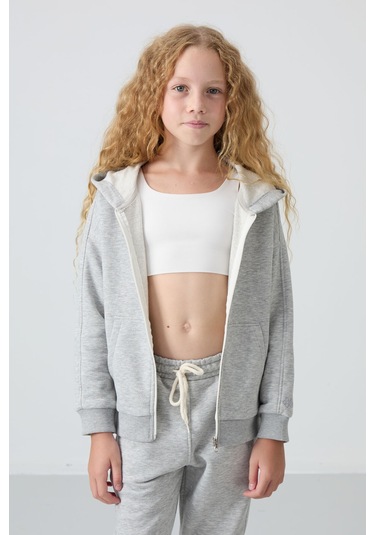 Tommy Life Gri Melanj Pamuklu İçi Tüylü Yumuşak Dokulu Standart Fit Nakışlı Kız Çocuk Eşofman Takım - 75148 Gri Melanj