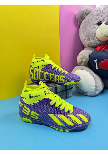 Erkek Çocuk Halısaha Çoraplı Çivisiz Futbol Spor Ayakkabısı F35hs Mor-sarı