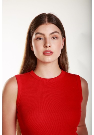 Kadın Kırmızı Fitilli Likralı Sıfır Kol Bisiklet Yaka Örme Atlet Tshirt Bluz Kırmızı