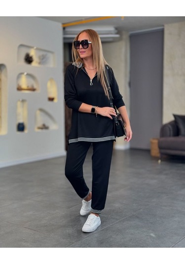 Modaserdem Kadın Uzun Kollu Ribana Ve Fermuar Detay Bluz Ve Yüksel Bel Pantolon 2li Takım Siyah