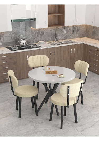 Mygusi Azra Mutfak Masa Takımı 90 Cm Masa Beyaz Masa + 4 Sandalye Krem