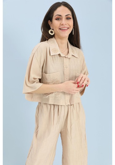 Takım Nakış Detaylı Viskon Gömlek Pantolon - Bej-bej Bej
