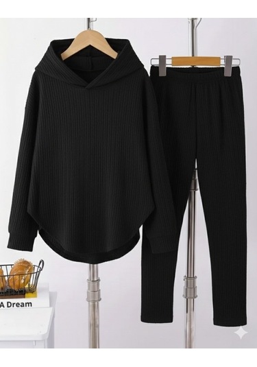 S-pazarım Kadın Uzun Kollu Kapşonlu Meloni Bluz Ve Pantolon Ikili Takım Siyah