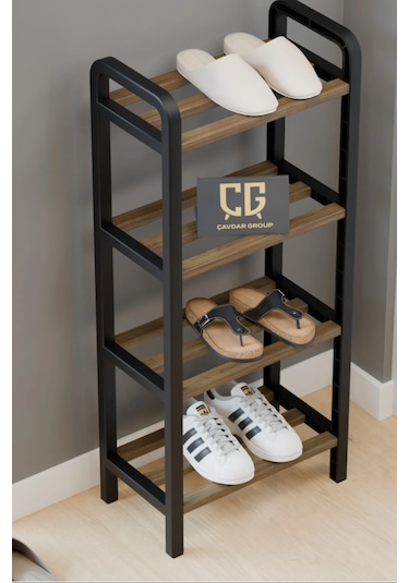 4 Katlı Ekonomik Ahşap Çubuklu 40 Cm Ayakkabılık, Raf Ünitesi Ceviz