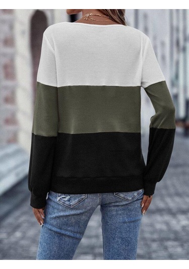 Kadın Uzun Kollu V Yakalı Düğmeli Çok Renkli Waffle Bluz Beyaz