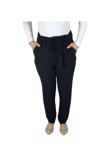 Kadın Beli Lastikli Kuşaklı Cepli Dar Paça Ayrobin Pantolon Siyah