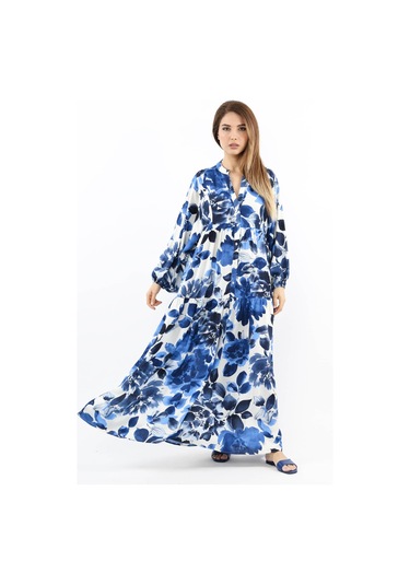 Prive Kadın Roses Mavi Viskon Maksi Boy Elbise Mavilacivertbeyaz