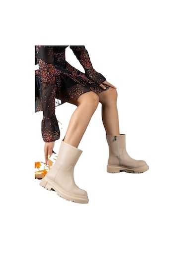 Beyaz Kalın Taban Diz Altı Fermuarlı Rahat Kadın Çizme TEN Ten Rengi