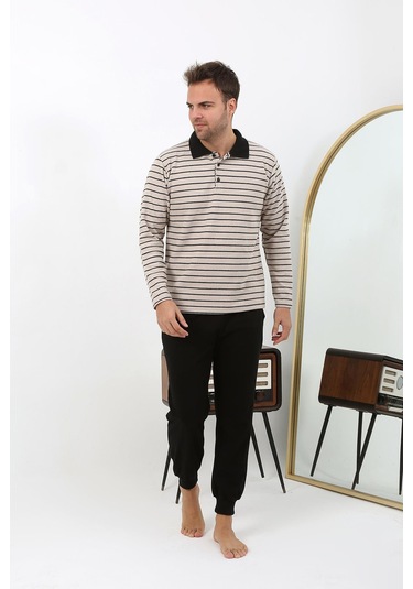 Akbeniz Erkek Polo Yaka Uzun Kol Penye Pijama Takımı 6862 Krem Krem