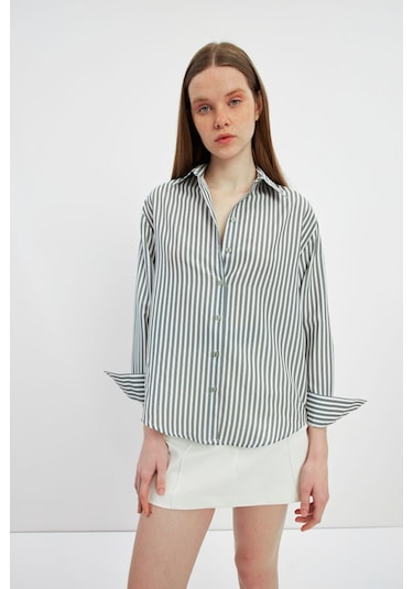 Stella Pulvis Yeşil Oversize Çizgili Gömlek Yeşil