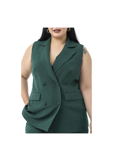 Büyük Beden Kaplama Düğmeli Yelek Pantolon Zümrüt Yeşili İkili Takım Zümrüt