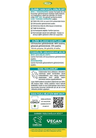 Garnier BHA + Niasinamid Fluid Günlük Güneş Koruyucu Yüz Kremi SPF50+ 40 ML
