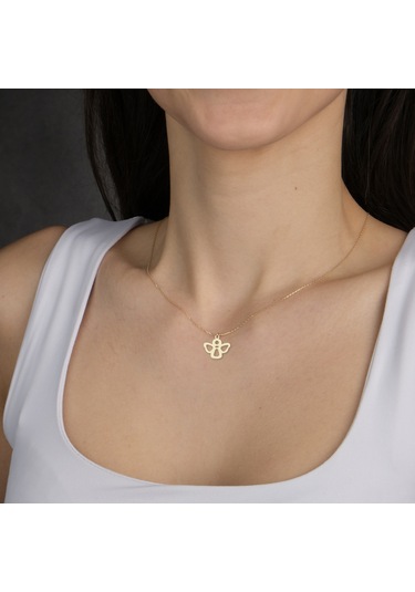 Altın Plakalı 14 Ayar Melek Figürlü Sevgililer Günü Hediyesine Özel Altın Kolye-811 Melek-2