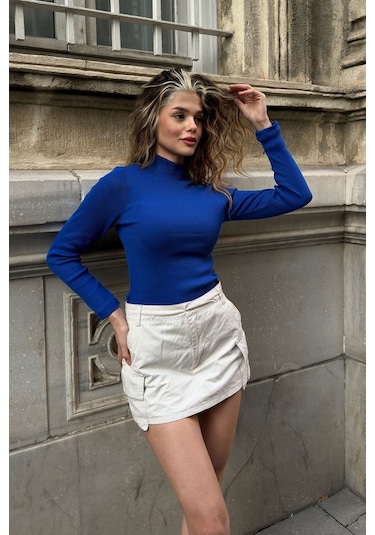 Saks Yarım Balıkçı Şardonlu Fitilli Bluz Saks