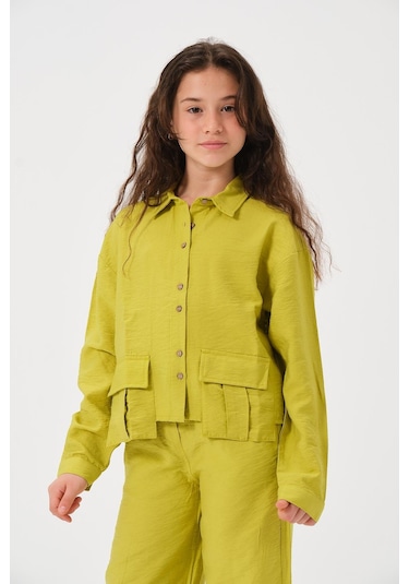 Genç Kız Çocuk Cepli Uzun Kollu Gömlek Fıstık Yeşil