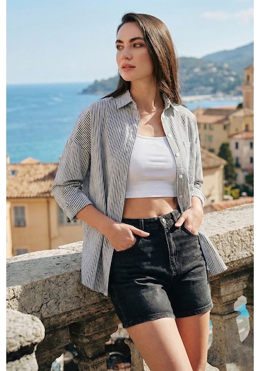 Lela Regular Fit Uzun Kollu Cepli Çizgili Bayan Gömlek 6772895 Siyah