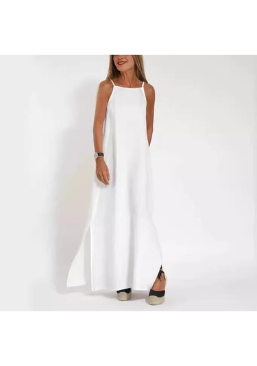 Bahar Ve Yaz Kadın Modası Rahat Pamuklu Yarık Askılı Elbise Beyaz
