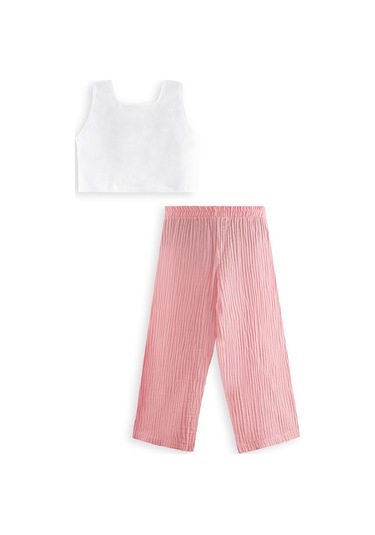 Denokids Çiçekli Kız Çocuk Pembe Müslin Pantolon Takım Renkli Çok Renkli