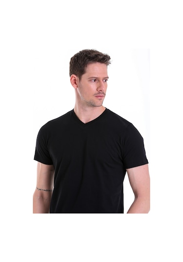 Hatemoğlu Siyah Düz Slim Fit 100% Pamuk V Yaka Tişört Siyah