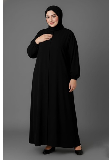 Medine İpeği Mevlana Kesim Cepli Kuşaklı Bol Büyük Beden Ferace Siyah