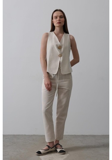 Modasize Düğme Detaylı Yelek - Krem Krem