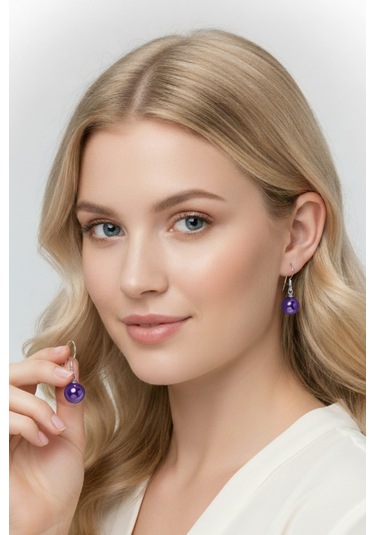 925 Ayar Gümüş Kancalı Ametist Taşlı Küpe 10 Mm Açık Mor Bymi