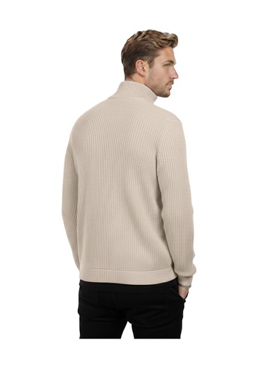 Deepsea Erkek Bej Yarım Fermuarlı Oversize Kesim Triko Kazak %100 Pamuk, Yumuşak Dokulu Örgü Kazak 2608511 Bej