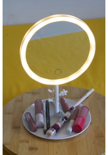 Led Işıklı Yuvarlak Makyaj Aynası Şarj Edilebilir 3 Farklı Renk Beyaz