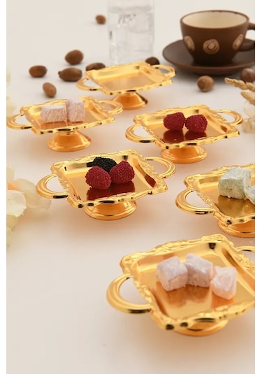 Mini Kulplu Kare Model Ayaklı Lokumluk 6'lı Takım Gold Renkli