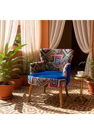 Roma Berjer - Modern Tekli Koltuk - Dijital Baskı Kumaş - Mavi