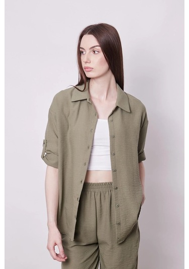 Kadın Keten Düşük Omuzlu Yakalı Kapri Kol Apoletli Gömlek -haki Haki