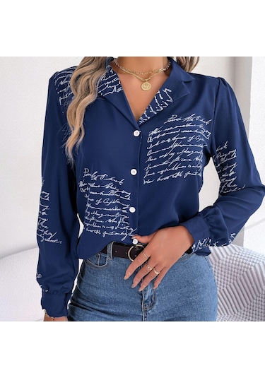 Gmxıa Kadın Modası Günlük Yazlık Takım Uzun Kollu Yaka Bluzlar Ve Alfabe Gömlekler Koyu Mavi