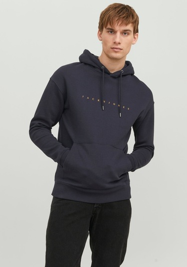Jack & Jones Kabartma Baskılı Kapüşonlu Sweatshirt - Star 12233972 Dark Navy Lacivert