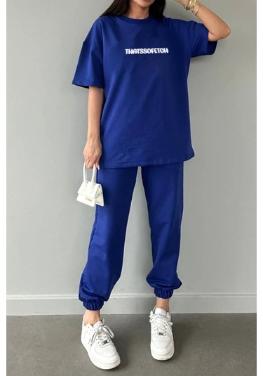 Thatssofetch T-shirt Eşofman Altı Jogger - Mavi Baskı Alt Üst Eşofman Takımı Oversize Bisiklet Yaka Saks Mavi