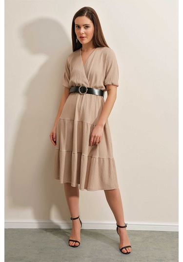 Giyim Dünyası Kadın Kemerli Kruvaze Elbise Vizon 001