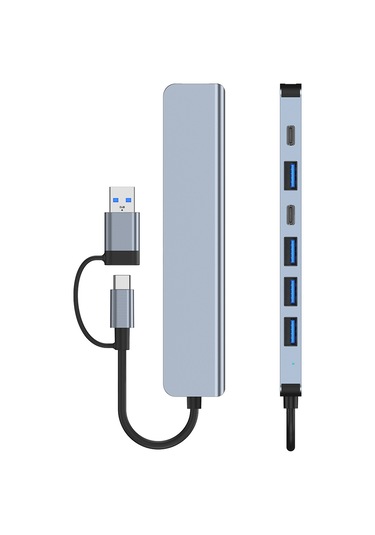 Samdoo Alüminyum Kasa 7 Portlu Usb Hub - Usb3.0 5gbps , Usb2.0 4, Pd 5w Ve Usb-c Dönüştürücü - Gri