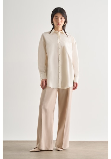 Mizalle Premium Saf Pamuk Ekru Oversize Gömlek Ekru