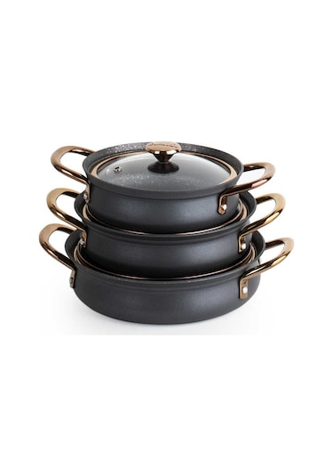 Oms 3724 Bakraç Güveç 3'Lü Sahan Seti Antrasit 16 - 18 - 20 Cm